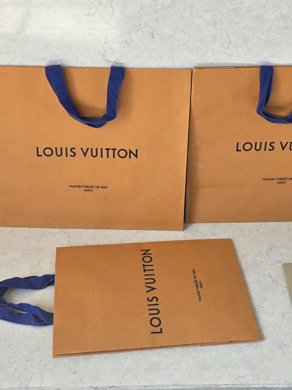 Louis Vuitton Orange Paper Shopping Bags with Blue Ribbon Handles